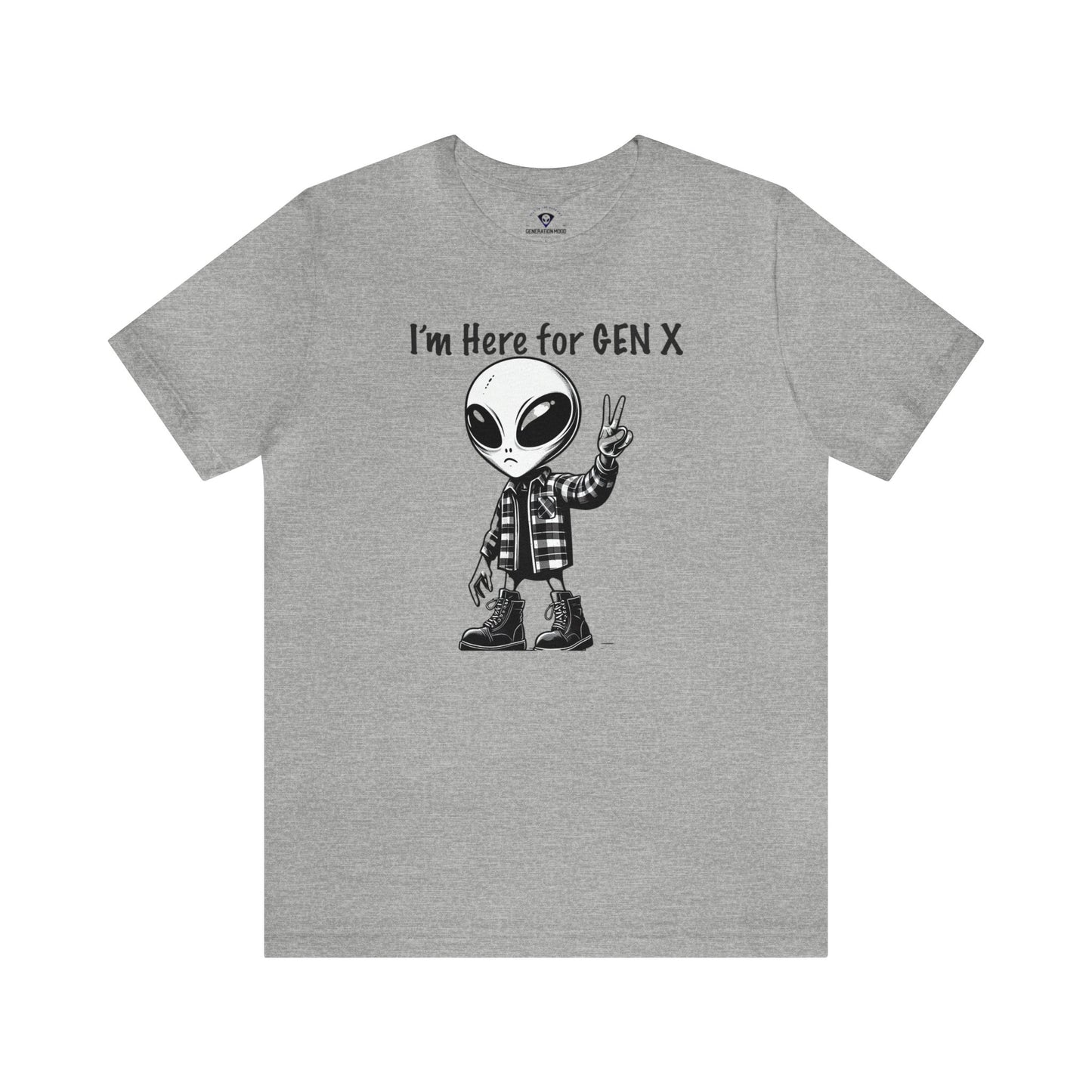 Grey~ Are you a proud member of Generation X, the generation that grew up with minimal adult supervision? Do you identify with the grunge music scene, the critical thinking attitude, and the enterprising spirit of your peers? If so, you might like this T-shirt that features an alien with combat boots and a flannel shirt, flashing a peace sign, saying “I’m here for Gen X”.