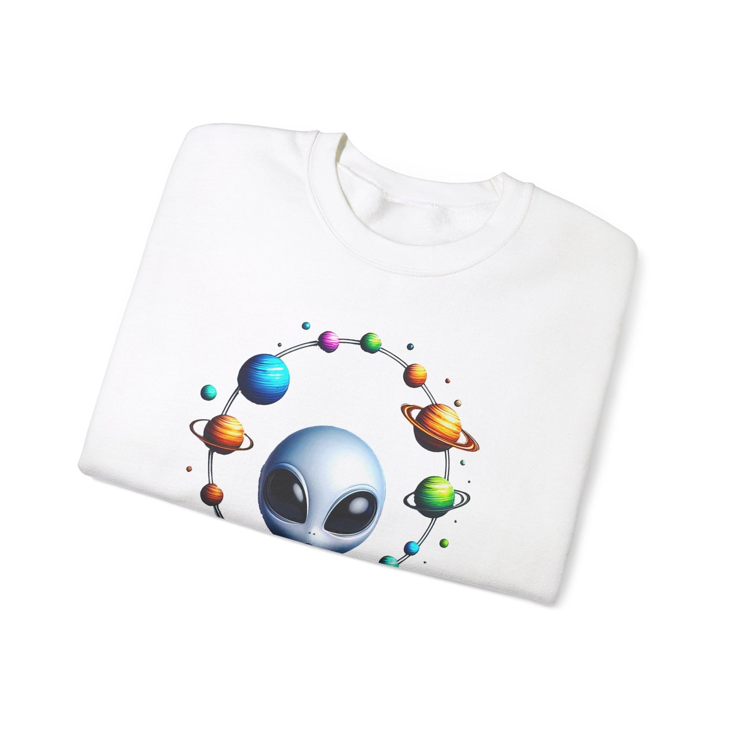 Generation Mood's Meditation in the Cosmos: Alien Sweatshirt , Find Your Zen Among the Planets Sweatshirt. In White