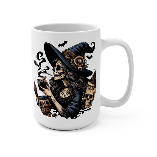 Unleash your inner brew-haha with this hauntingly delightful mug/tee featuring a sassy skeletal witch enjoying a steaming cup of coffee!&nbsp;Perfect for those who love a good cup of joe (or potion!), this unique design&nbsp;is sure to&nbsp;stir up some conversation (and maybe a few shivers) wherever you go.