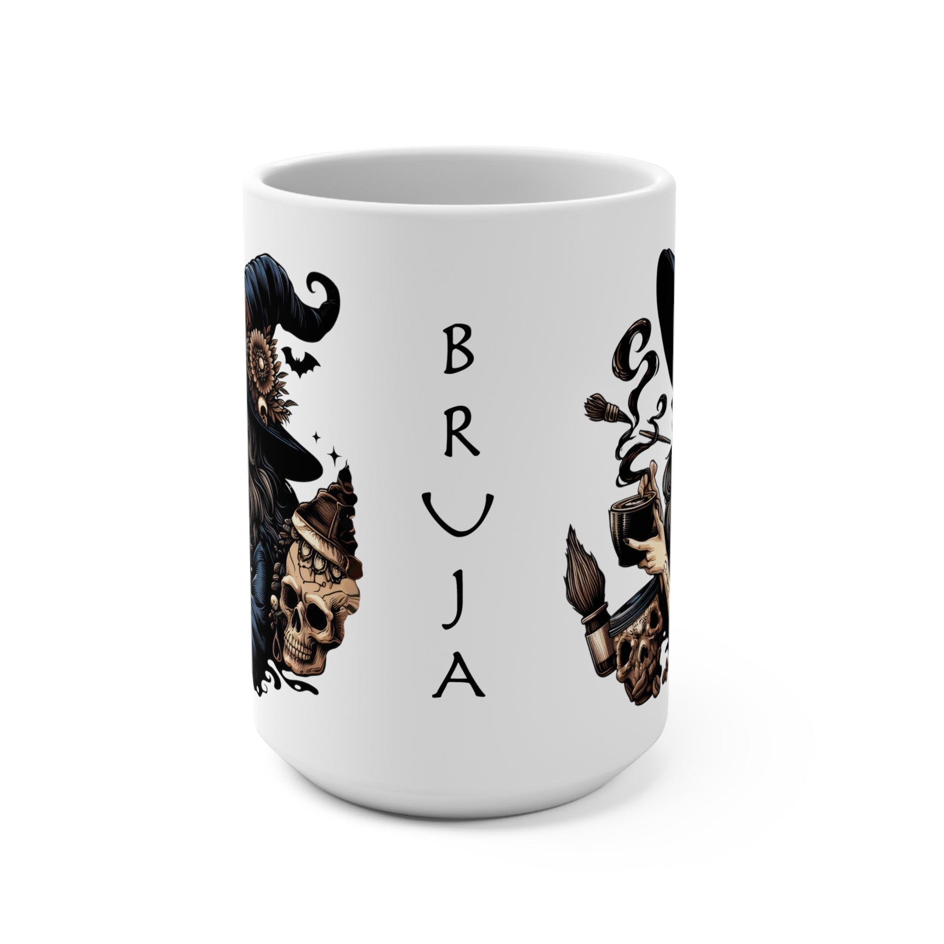 Bruja! Unleash your inner brew-haha with this hauntingly delightful mug/tee featuring a sassy skeletal witch enjoying a steaming cup of coffee!&nbsp;Perfect for those who love a good cup of joe (or potion!), this unique design&nbsp;is sure to&nbsp;stir up some conversation (and maybe a few shivers) wherever you go.