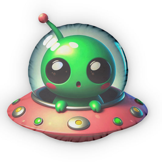 Pink UFO pillow with adorable green alien.