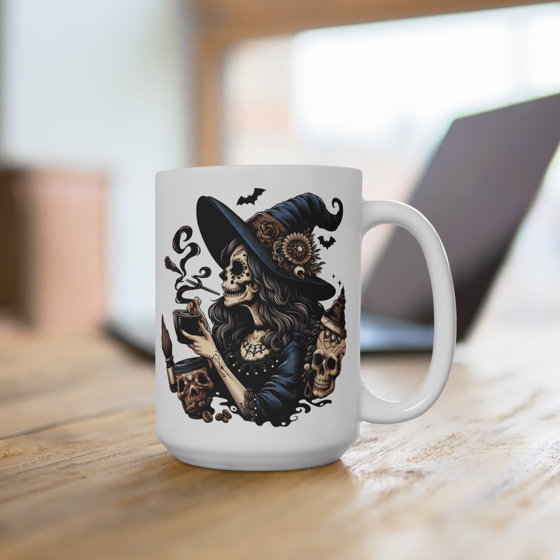 Unleash your inner brew-haha with this hauntingly delightful mug/tee featuring a sassy skeletal witch enjoying a steaming cup of coffee!&nbsp;Perfect for those who love a good cup of joe (or potion!), this unique design&nbsp;is sure to&nbsp;stir up some conversation (and maybe a few shivers) wherever you go. Bruja is printed down between the images.
