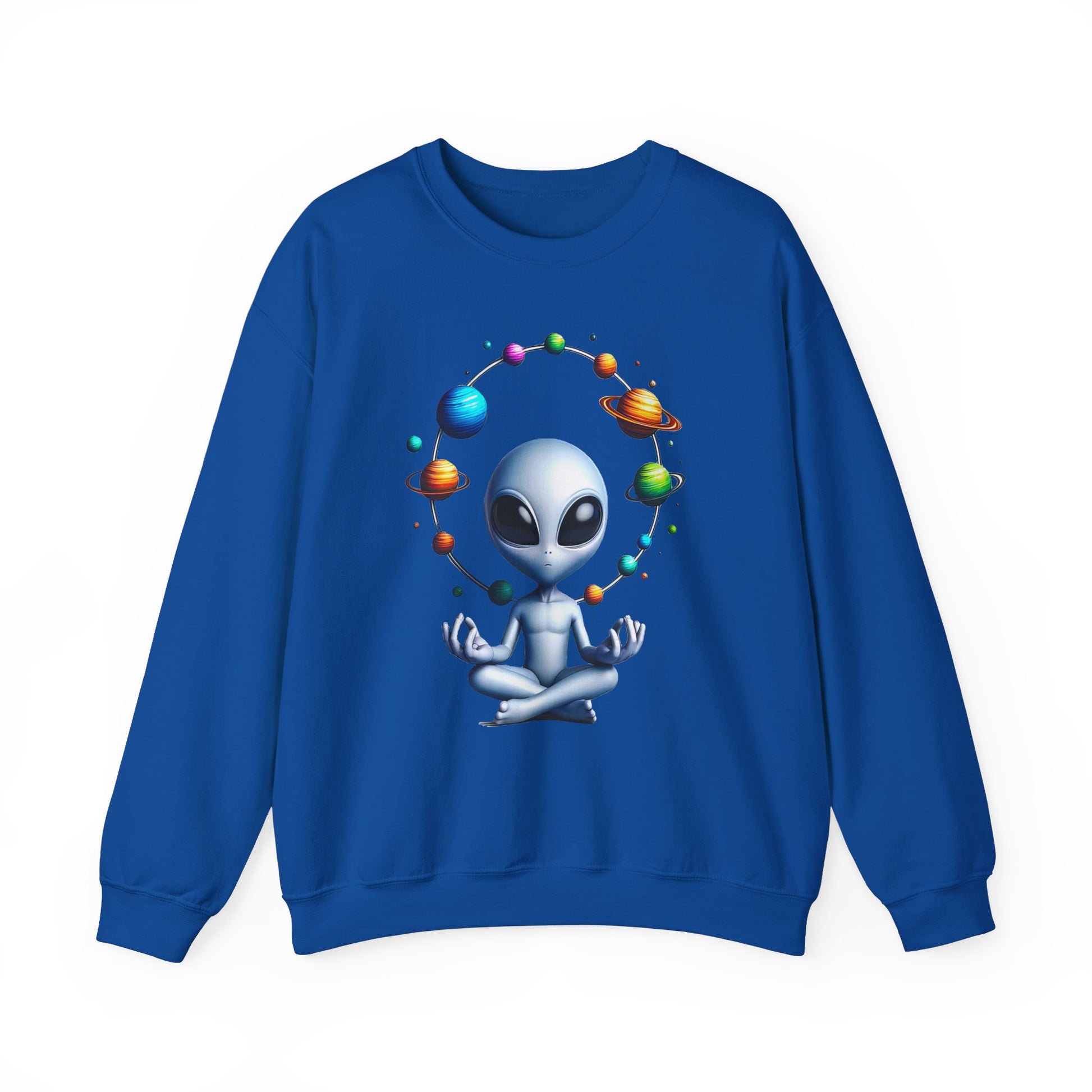 Generation Mood's Meditation in the Cosmos: Alien Sweatshirt , Find Your Zen Among the Planets Sweatshirt. Royal Blue