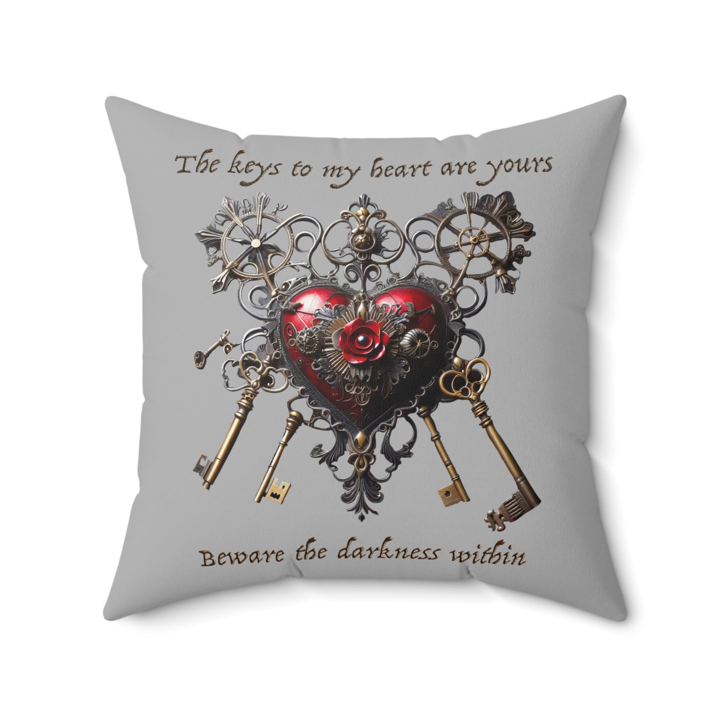 "Beware the Darkness Within" heart and keys edgy pillow