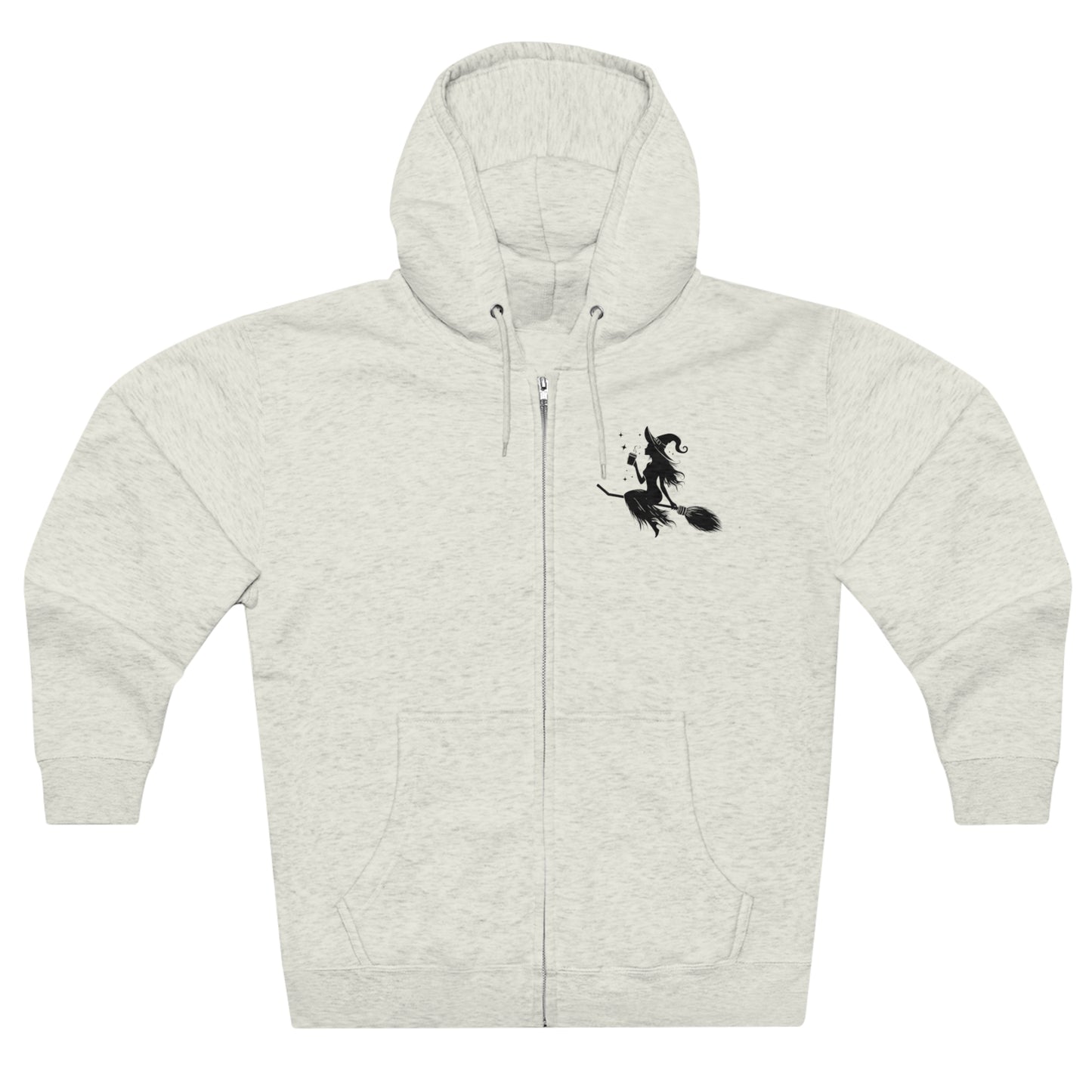 Hoodie: featuring a witch flying with a coffee cup, with a moon in the background. Oatmeal color Hoodie with Black graphics on the front chest, and back.