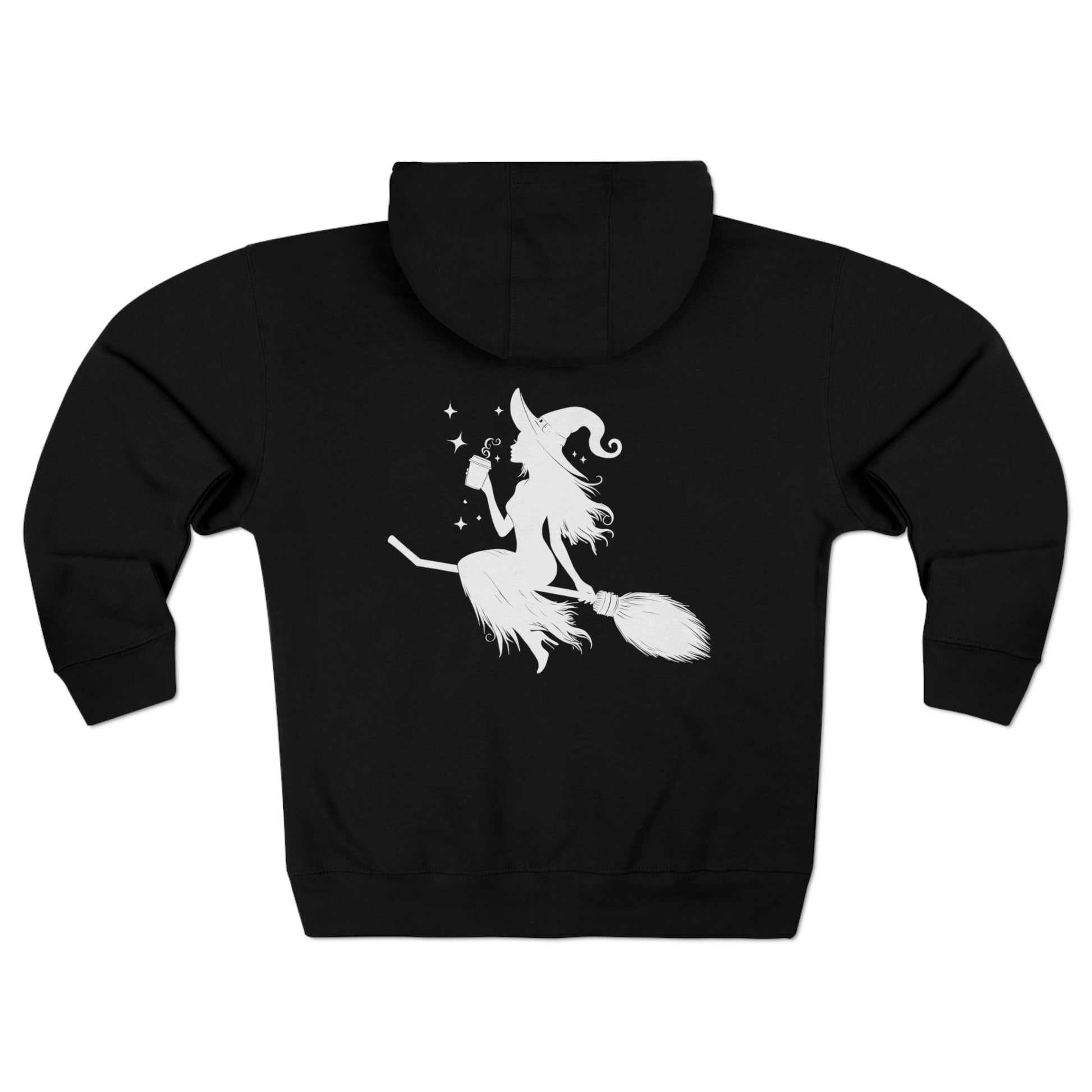 Channel your inner mystical maven with this enchanting zip-up hoodie! This cozy print features a captivating design of a silhouetted witch, clad in white, soaring through the night sky on her broomstick with a mug of coffee. Rear View.