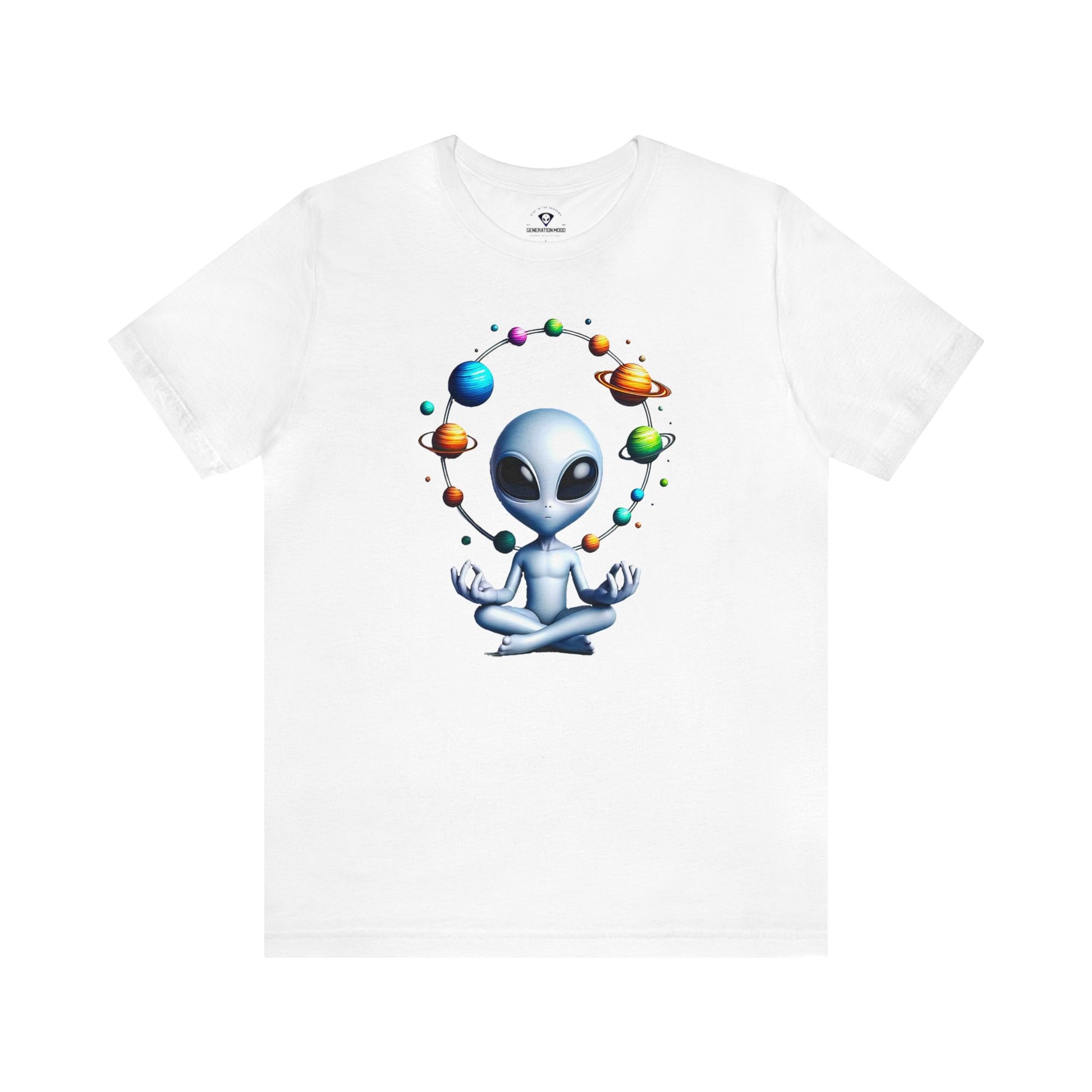 Generation Mood's Meditation in the Cosmos: Alien Sweatshirt , Find Your Zen Among the Planets Tshirt in white.