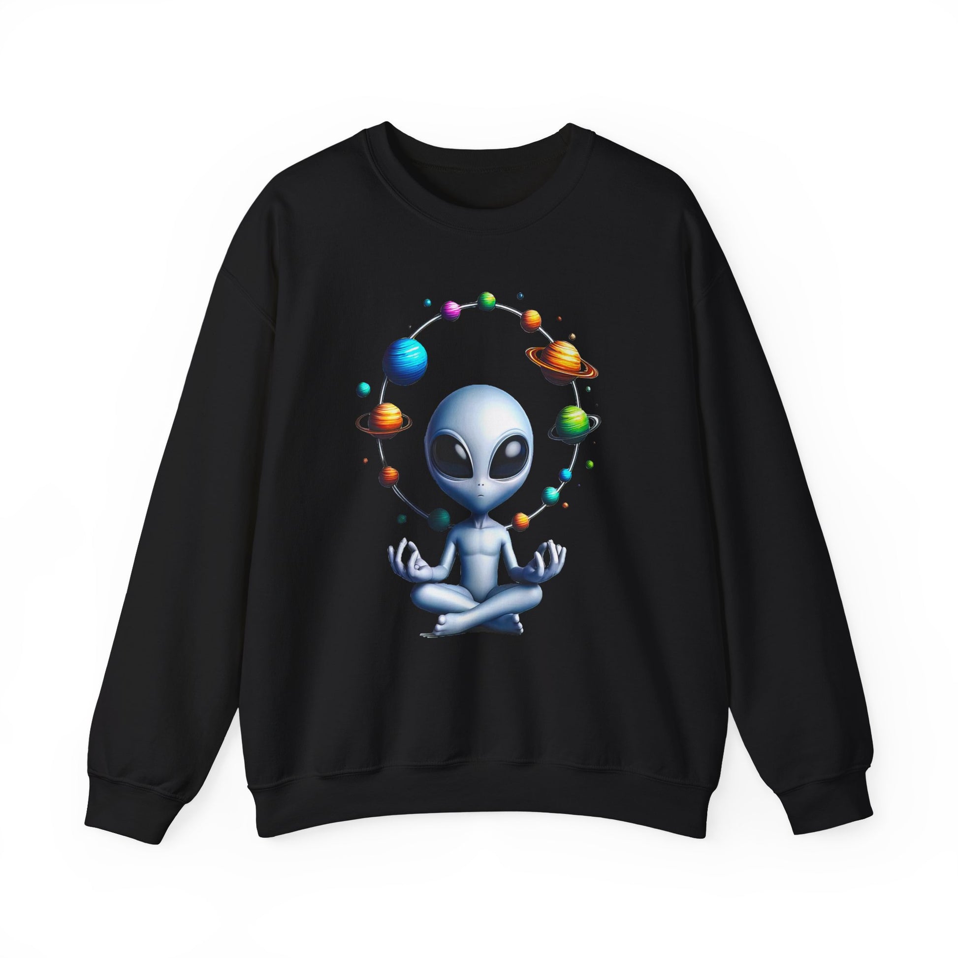 Generation Mood's Meditation in the Cosmos: Alien Sweatshirt , Find Your Zen Among the Planets Sweatshirt.