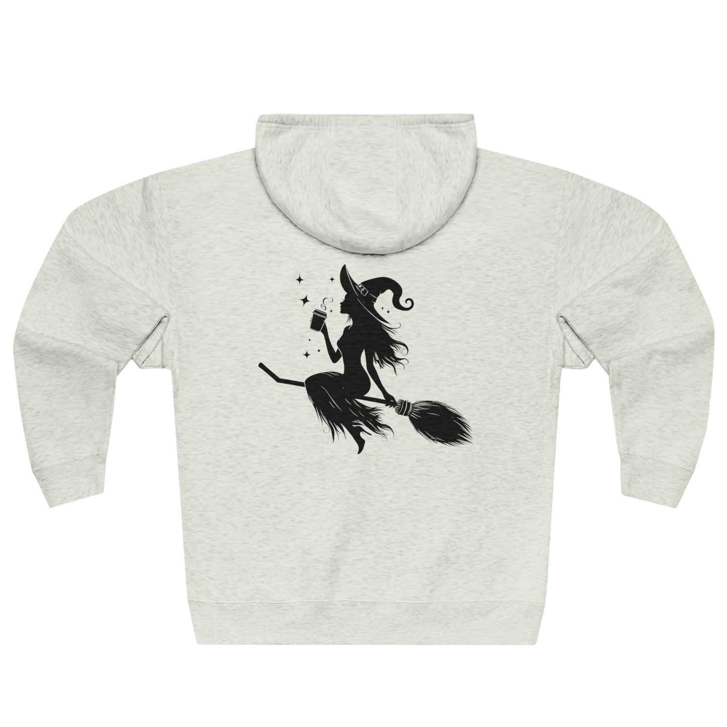 Hoodie: featuring a witch flying with a coffee cup, with a moon in the background. Oatmeal color Hoodie with Black graphics on the front chest,  and back.