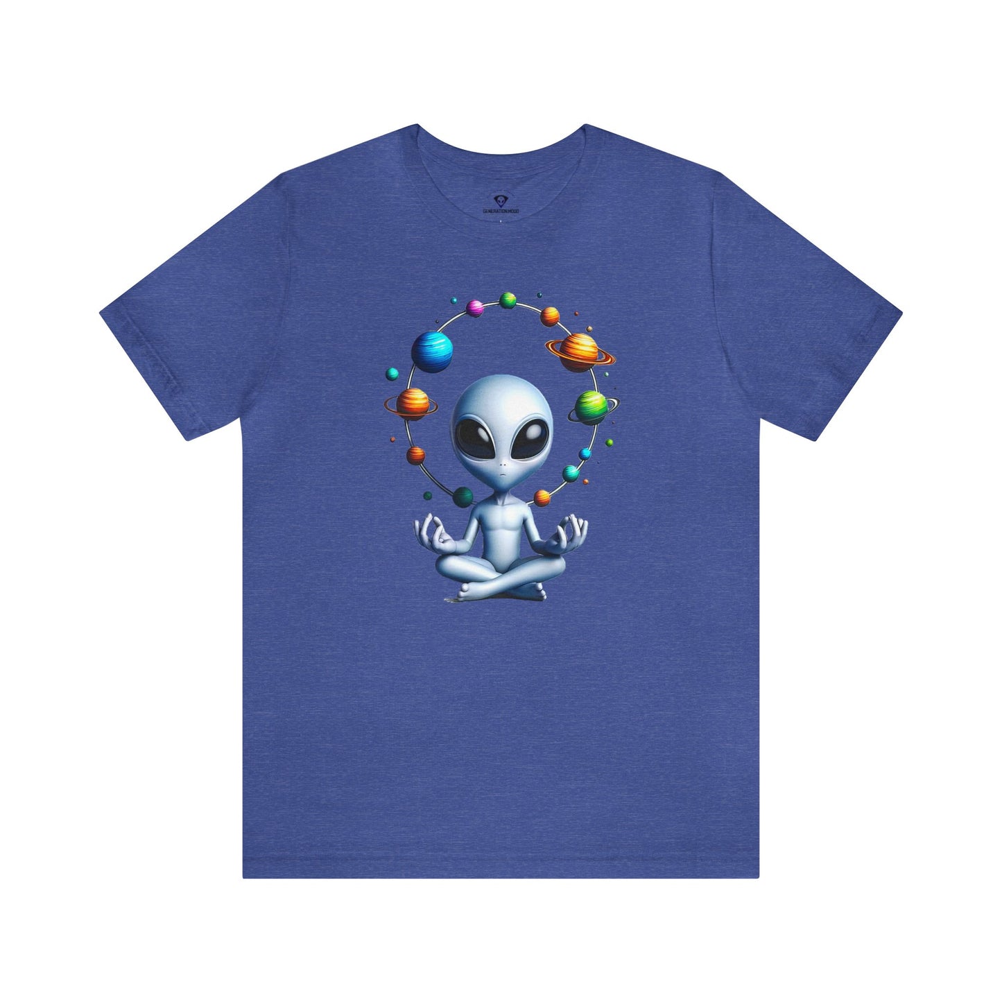 Generation Mood's Meditation in the Cosmos: Alien Sweatshirt , Find Your Zen Among the Planets tee in royal blue.