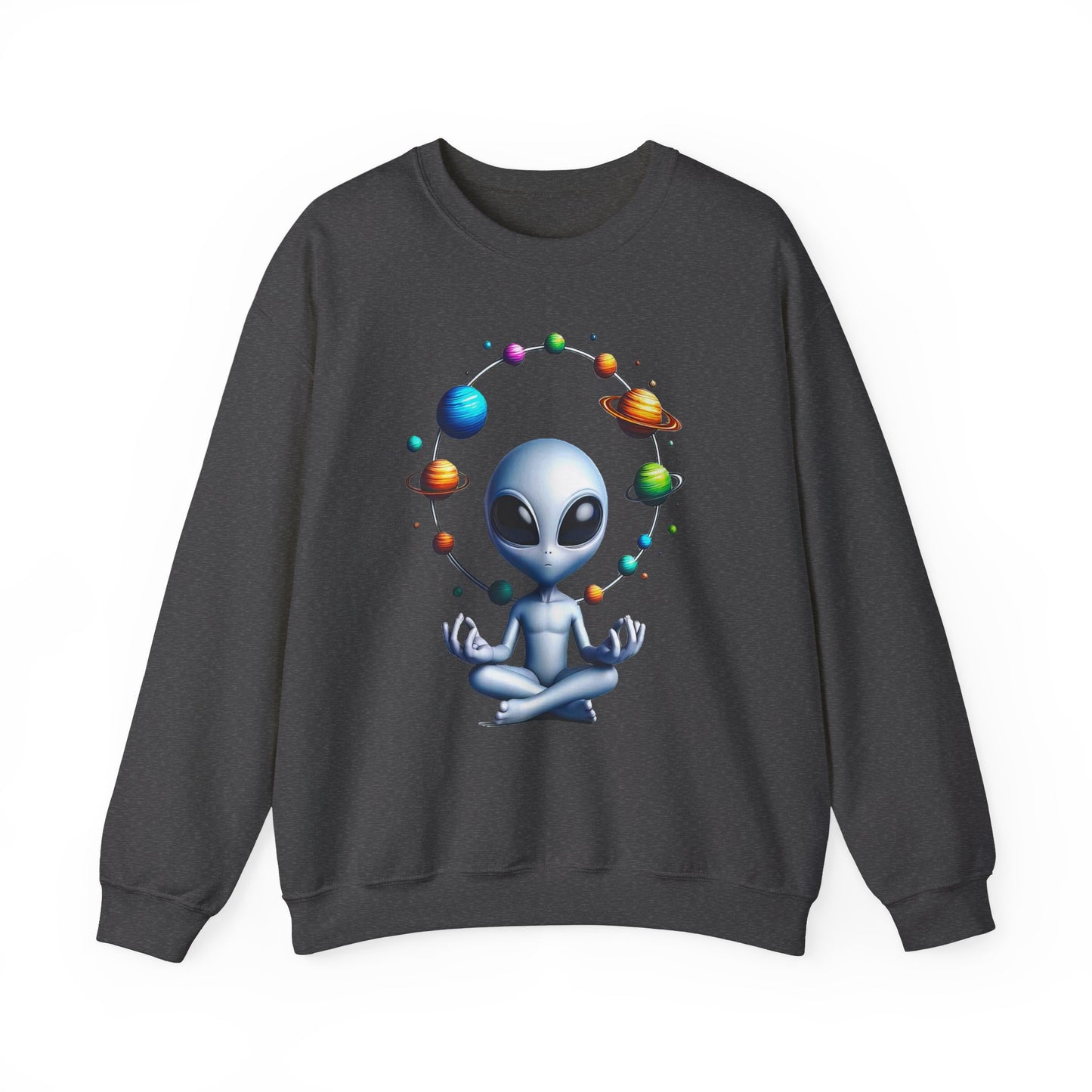 Generation Mood's Meditation in the Cosmos: Alien Sweatshirt , Find Your Zen Among the Planets Sweatshirt. Dark Grey
