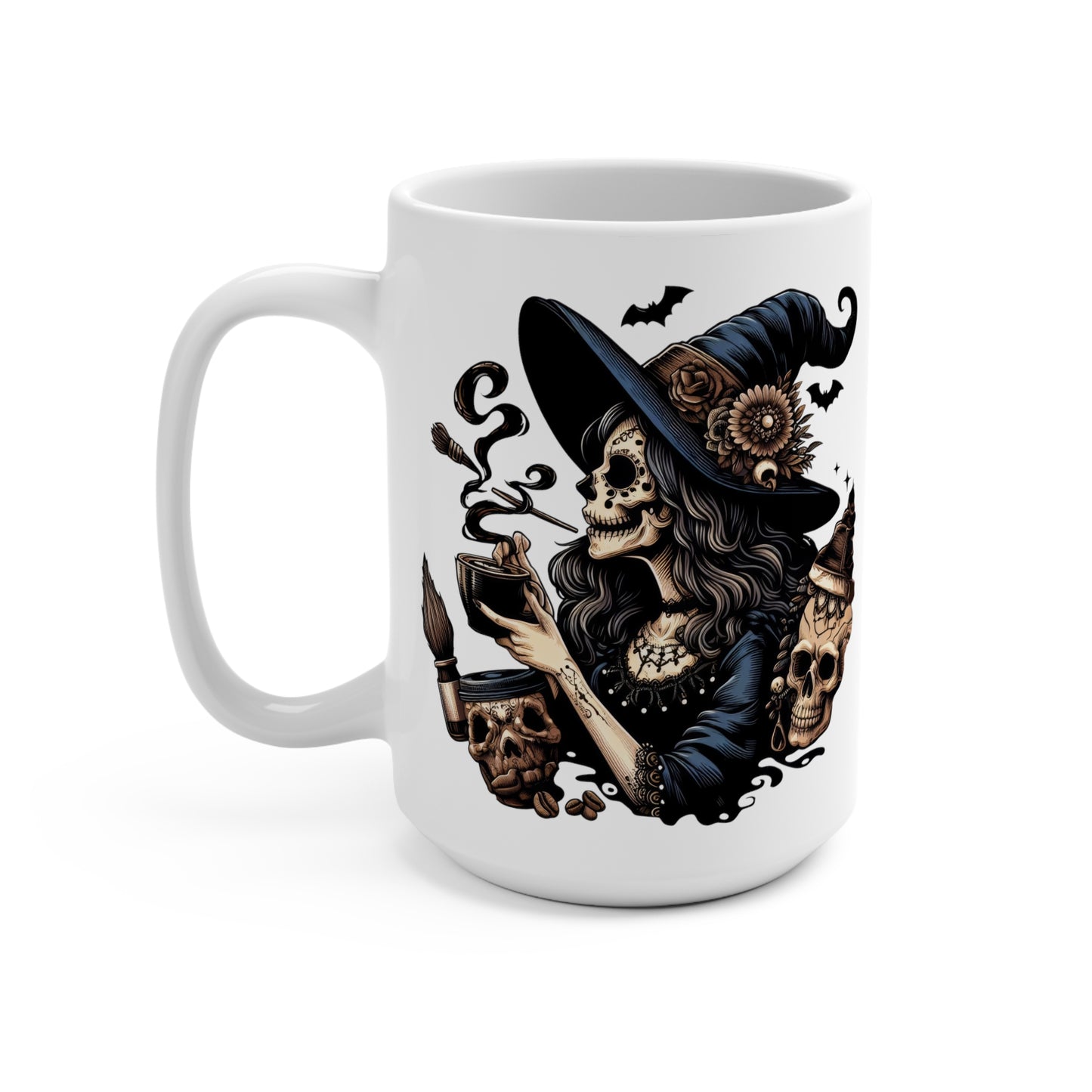 Unleash your inner brew-haha with this hauntingly delightful mug/tee featuring a sassy skeletal witch enjoying a steaming cup of coffee!&nbsp;Perfect for those who love a good cup of joe (or potion!), this unique design&nbsp;is sure to&nbsp;stir up some conversation (and maybe a few shivers) wherever you go. Print on both sides.