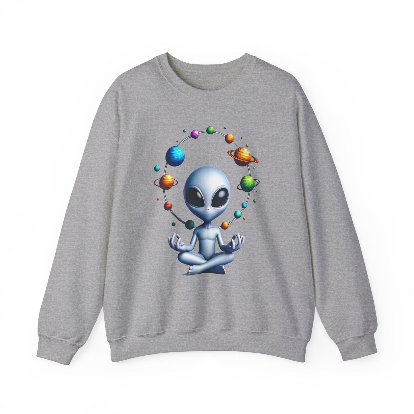 Generation Mood's Meditation in the Cosmos: Alien Sweatshirt , Find Your Zen Among the Planets Sweatshirt. Lite grey