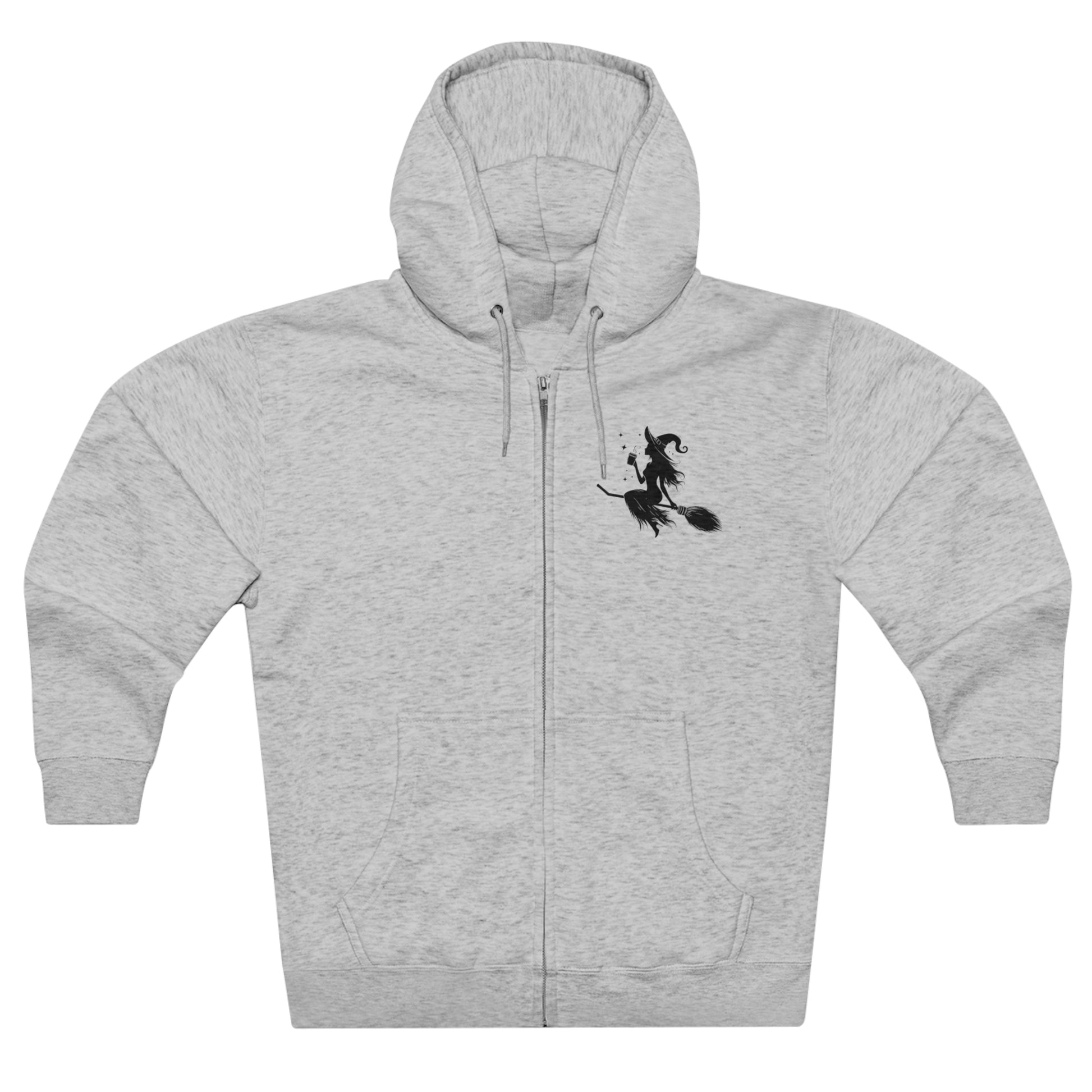 Hoodie: featuring a witch flying with a coffee cup, with a moon in the background. Gray color Hoodie with Black graphics on the front chest, and back.