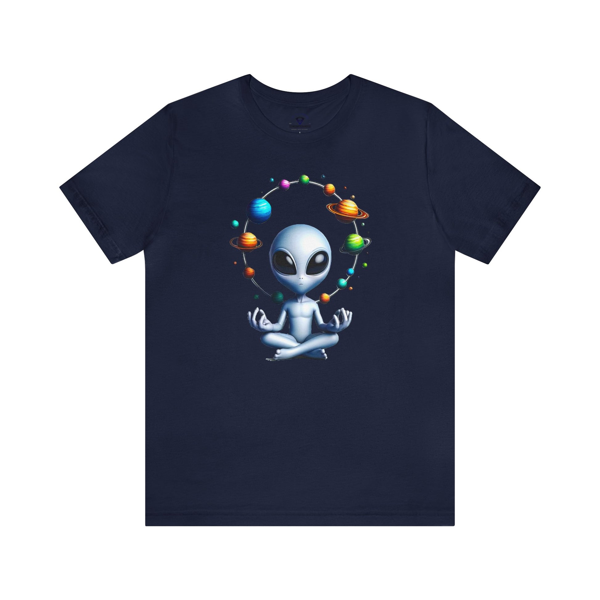 Generation Mood's Meditation in the Cosmos: Alien Sweatshirt , Find Your Zen Among the Planets shirt in navy.