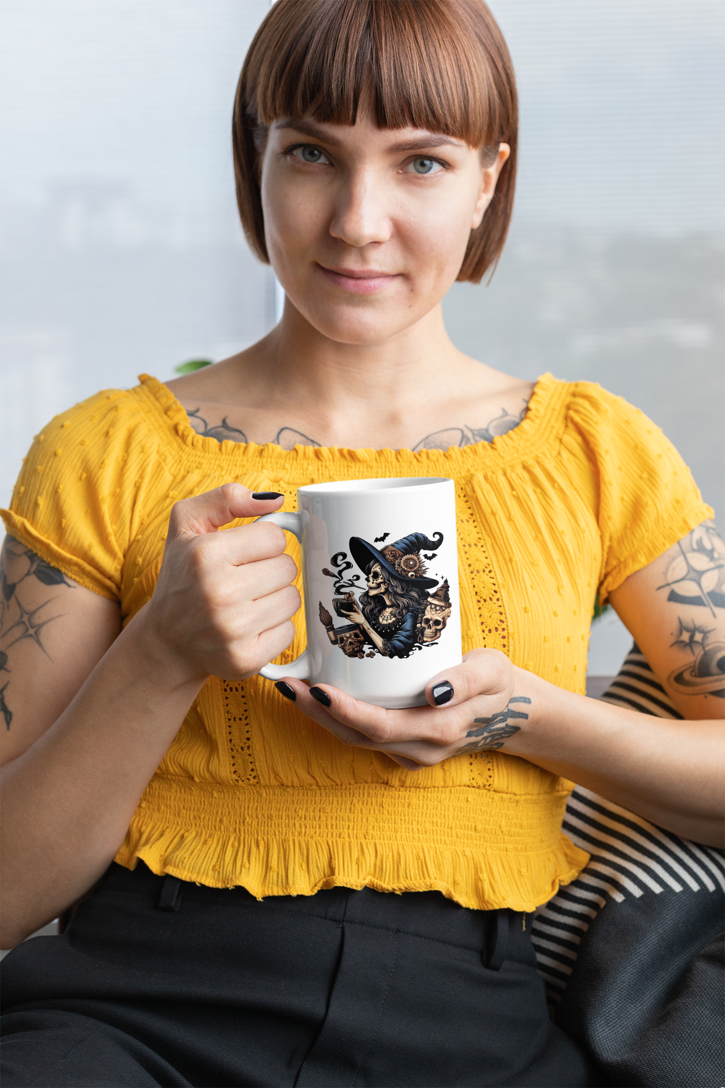 Have a witchy little brew in our great new mug. Unleash your inner brew-haha with this hauntingly delightful mug/tee featuring a sassy skeletal witch enjoying a steaming cup of coffee!&nbsp;Perfect for those who love a good cup of joe (or potion!), this unique design&nbsp;is sure to&nbsp;stir up some conversation (and maybe a few shivers) wherever you go.
