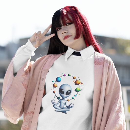 In the vast expanse of the cosmos, there sits an enlightened being—an alien in serene meditation. Cross-legged, it channels the cosmic energies that flow through the fabric of space. Meditation in the Cosmos: Alien Sweatshirt